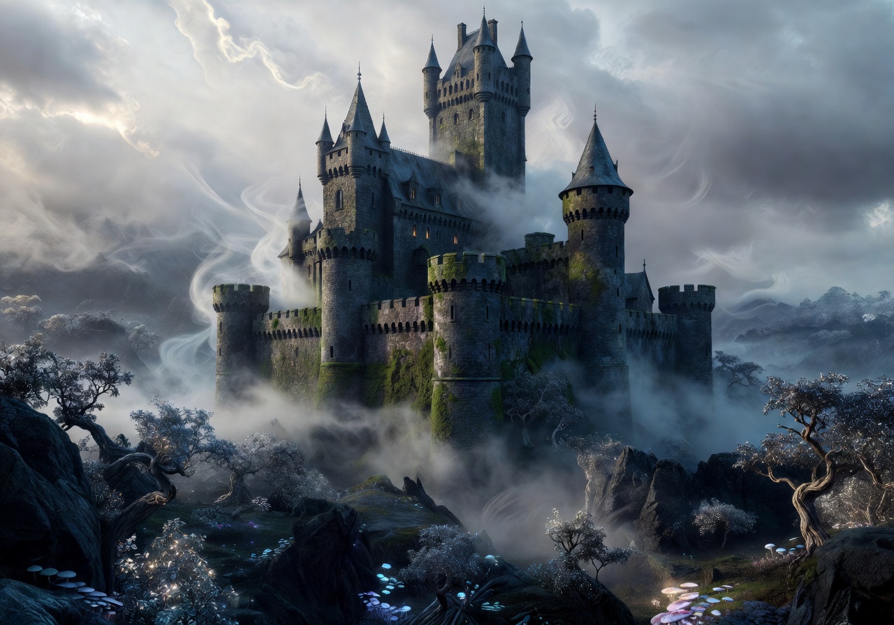 Ancient majestic castle surrounded by mist in a fantasy landscape